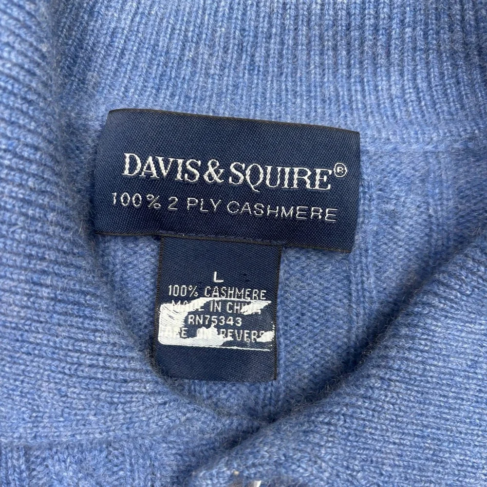 Davis & Squire Mens 100% 2 Ply Cashmere Cable Knit Polo Sweater Blue Large